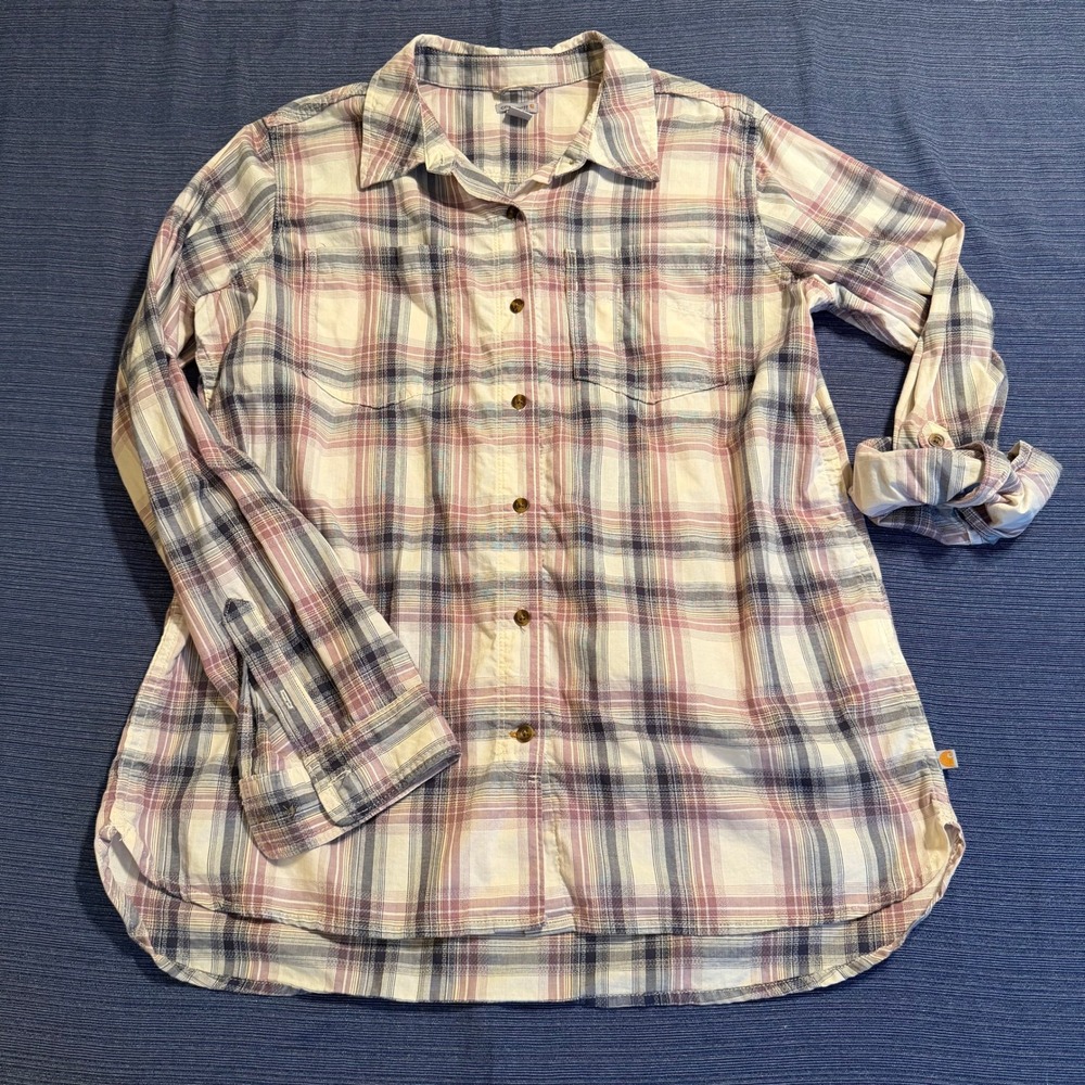 Carhartt Womens Plaid‎ Button Down Shirt Large 12/14 Purple Cream Cotton 103085